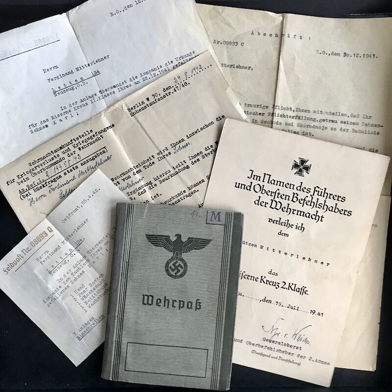 Wehrpass - Schützen Mitterlehner - Iron Cross Posthumus - KIA - IR133 (45ID) Battle of Brest Fortress! (Hold)