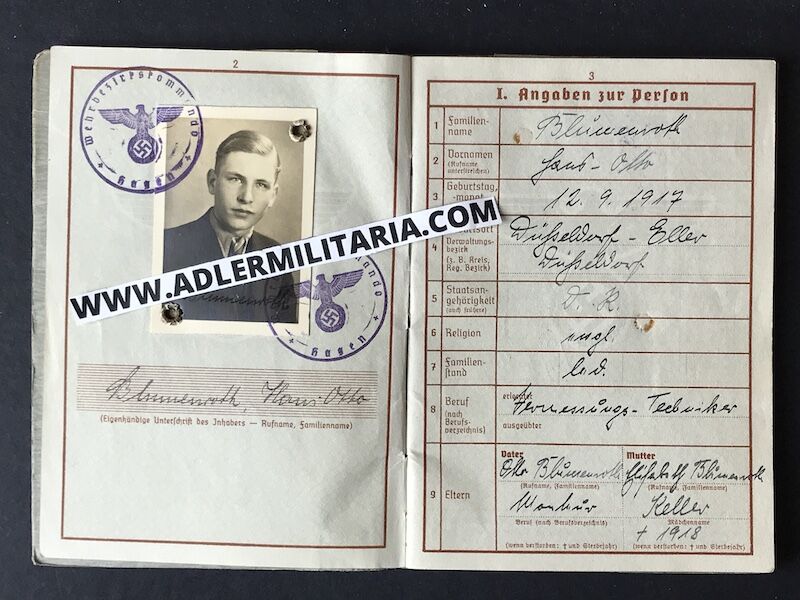 Heer Wehrpass - Uffz Blumenroth - Schützen Regt 4 (6 Panzer Division) Panzer Badge & EK2 - KIA in 1941 (Sold)