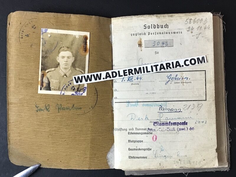 Heer Soldbuch - Gefreiter Pamann - Feld Ersatz Abt 190 (90 Pz Gren Div) Italy 1944 - Died in POW Camp