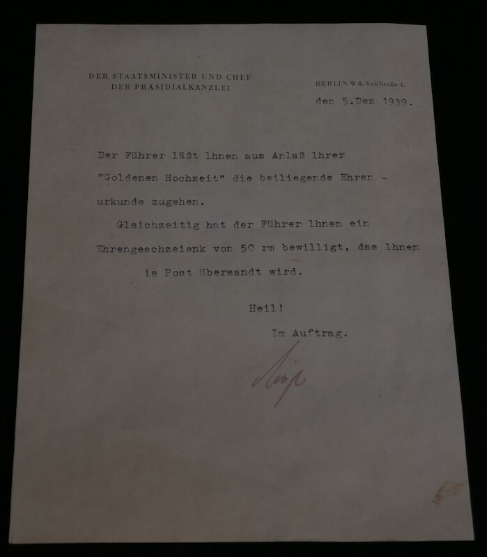 Original WWII German - Congratulatory letter from Adolf Hitler’s office - Berlin Vosstrasse 4 - Fully Translated - Rare