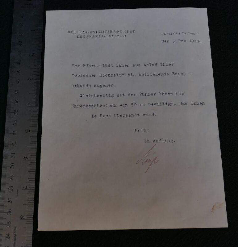 Original WWII German - Congratulatory letter from Adolf Hitler’s office - Berlin Vosstrasse 4 - Fully Translated - Rare - Image 7