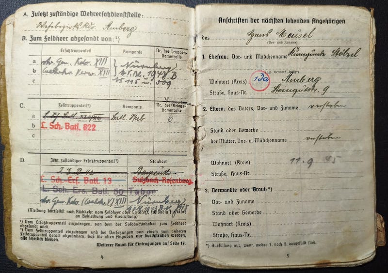 Original WWII German Wehrmacht Soldbuch - Stabsintendant Meusel - Landeschutzen Batl 822 (Prag) - POW Diary - Fully Translated - Incredible Story - Rare - Image 6