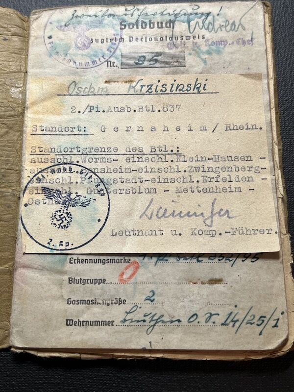 WWII Wehrmacht Soldbuch - Oberschirrmeister Krzisinski - KIA Rhine Crossing March 1945 - US 45th “Thunderbird” Infantry Division - Gernsheim, Germany - Rare - Image 5