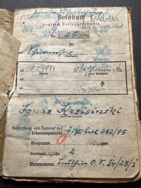 WWII Wehrmacht Soldbuch - Oberschirrmeister Krzisinski - KIA Rhine Crossing March 1945 - US 45th “Thunderbird” Infantry Division - Gernsheim, Germany - Rare - Image 6