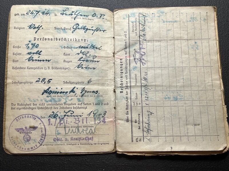 WWII Wehrmacht Soldbuch - Oberschirrmeister Krzisinski - KIA Rhine Crossing March 1945 - US 45th “Thunderbird” Infantry Division - Gernsheim, Germany - Rare - Image 7