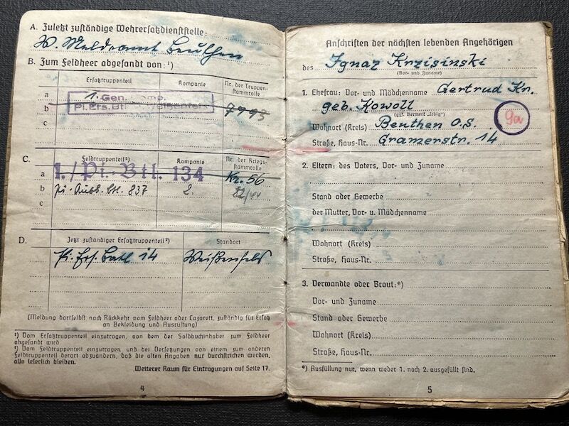 WWII Wehrmacht Soldbuch - Oberschirrmeister Krzisinski - KIA Rhine Crossing March 1945 - US 45th “Thunderbird” Infantry Division - Gernsheim, Germany - Rare - Image 8