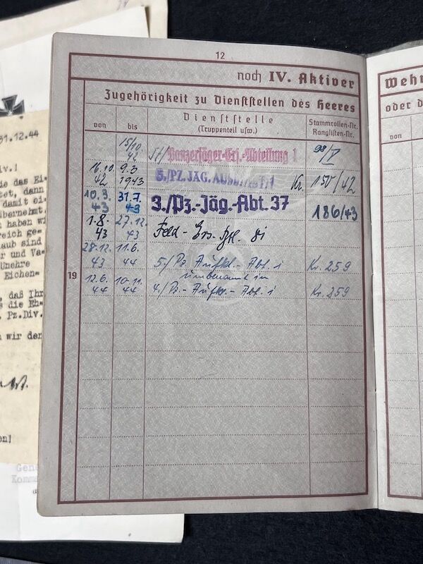 Original WWII German Wehrmacht Wehrpass & Traditions Badge Grouping - Obgefr Reinhold Zschau - Panzer-Aufklärungs-Abteilung 1 - 1 Panzer Division - Iron Cross Certificate - RARE! - Image 7