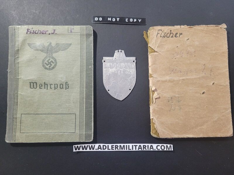 Heer Soldbuch - Uffz Fischer - Grenadier Regiment 388 (6.Geb Div) - Finland / Lappland / Norway - Lappland Schild - EK2 - ISA (Sold)
