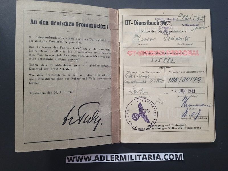 Organisation Todt Dienstbuch - OT-Bauführer Sedericht - Straflarger Eichkamp Berlin - OT Einsatz Baltöl - KVK2 (Sold) - Image 3