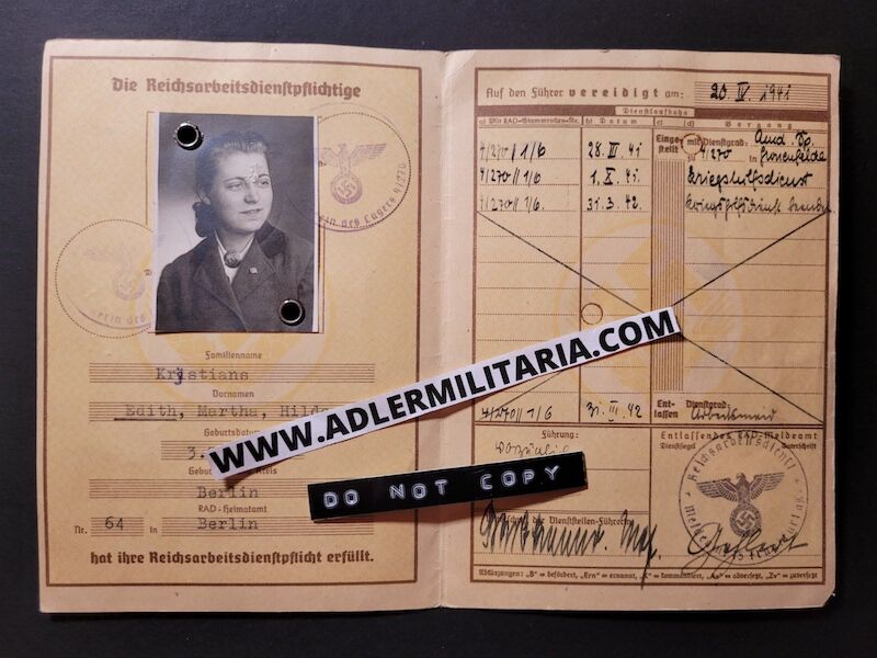 Reichsarbeitsdienstpass - Krjstians - Berliner - RAD 4/270 - Westwall Bunker / Luftschutz (sold)