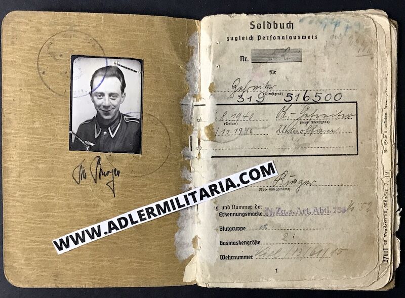 Heer Soldbuch - Uffz Burger - Grenadier Regiment 728 (728 VGD) Normandy 1944 - MP40 (Sold)