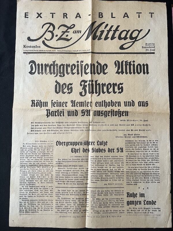 German BZ Newspaper - 30 June 1934 - "Night of the Long Knives" - Röhm-Putsch - Hitler - Obergruppenführer Lutze SA