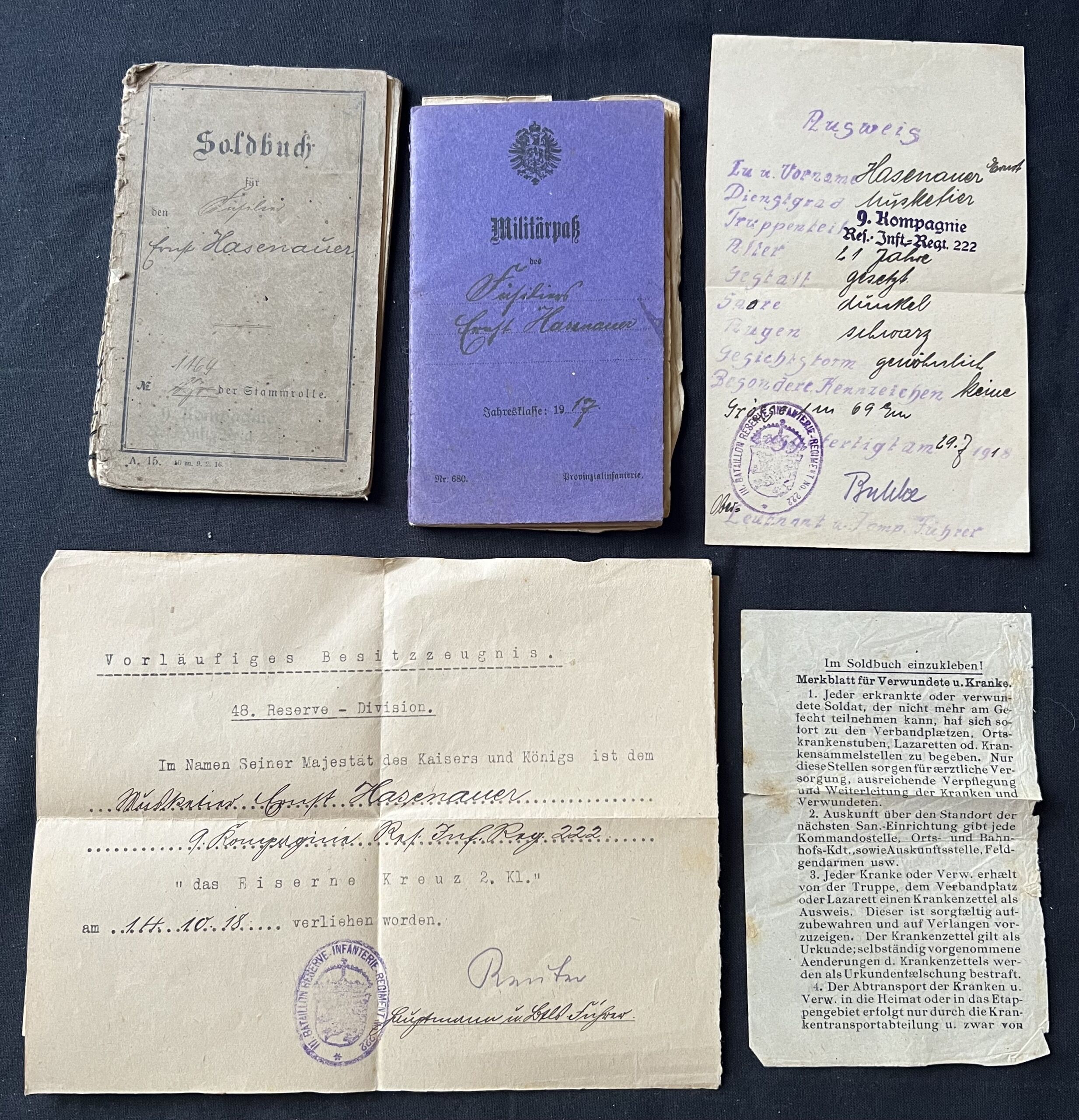 WW1 German Soldbuch and Militärpass - Iron Cross Cert - Musketier Ernst Hasenauer - Reserve Infanterie Regiment Nr 222 - Richtschütze MG08/15 (Sold)