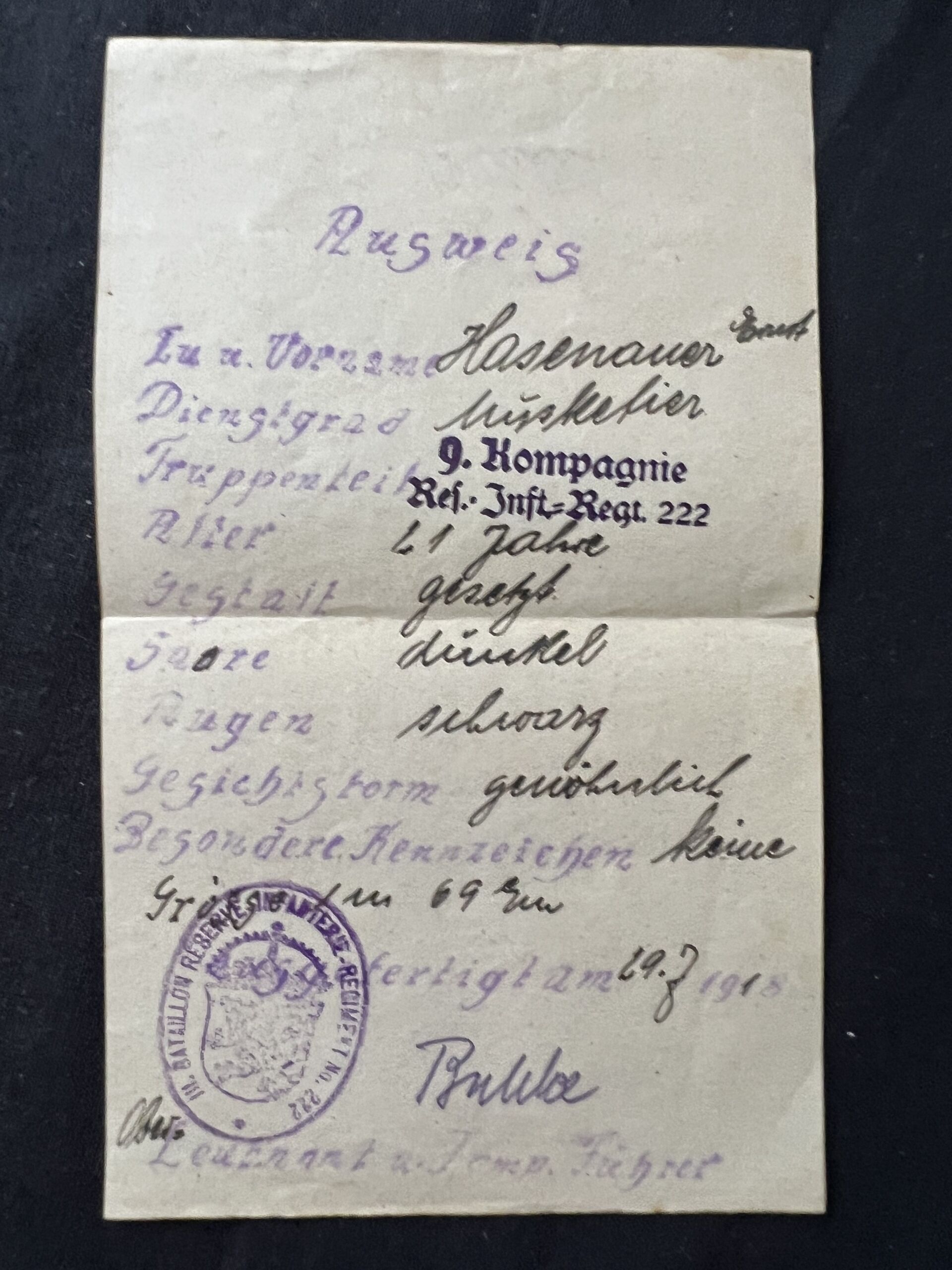 WW1 German Soldbuch and Militärpass - Iron Cross Cert - Musketier Ernst Hasenauer - Reserve Infanterie Regiment Nr 222 - Richtschütze MG08/15 (Sold) - Image 6