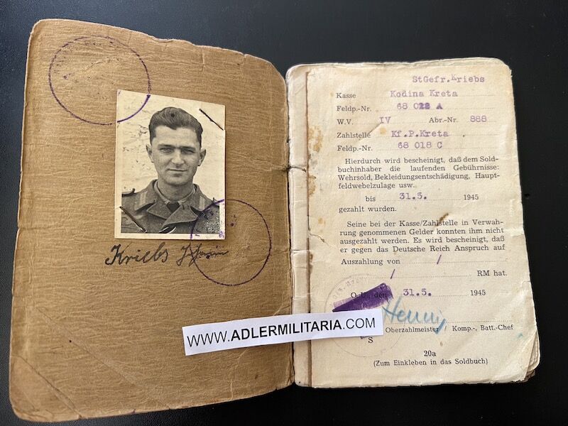 Wehrmacht Soldbuch - Stabgefreiter Johann Kriebs - Infanterie Regiment 125 (704 Inf Div) - KRETA - Roman Catholic Insert RARE