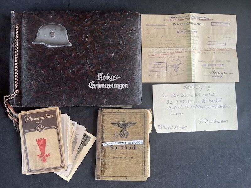 Wehrmacht Soldbuch and Photoalbum - NCO Kurt Schulz - Grenadier Regiment 505 (291 Inf Div) - G43 Rifle - Iron Cross (5 Awards) - Frontline Photos - Rare