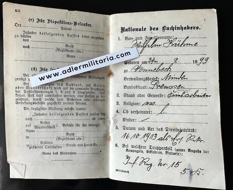 WW1 German Miliärpass - Gefreiter Wilhelm Kühne - Infanterie-Regiment Prinz Friedrich der Niederlande (2. Westfälisches) Nr. 15 - Iron Cross - Wounds Badge - Verdun - Image 2