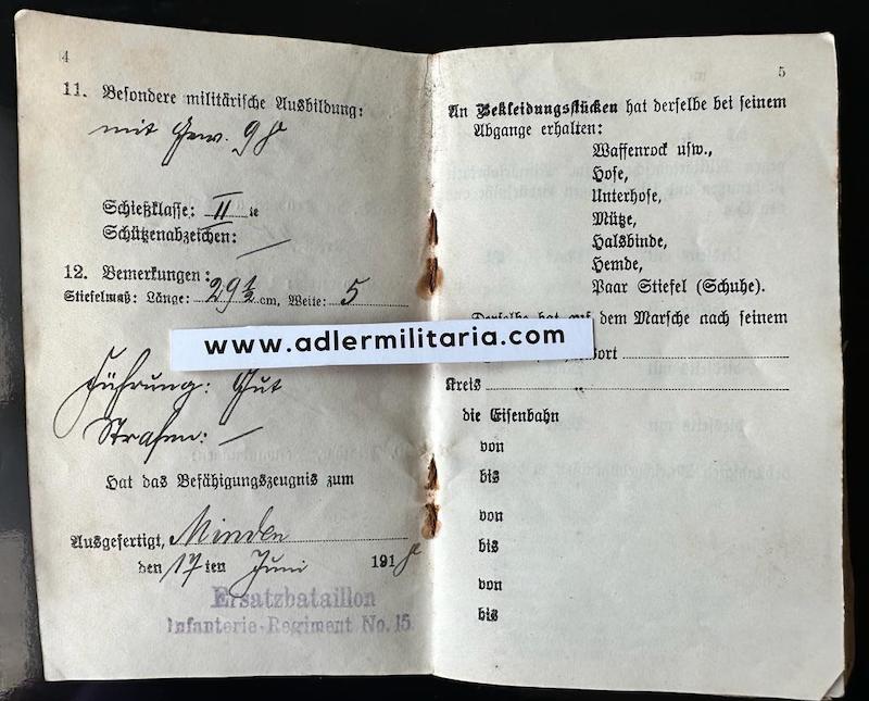 WW1 German Miliärpass - Gefreiter Wilhelm Kühne - Infanterie-Regiment Prinz Friedrich der Niederlande (2. Westfälisches) Nr. 15 - Iron Cross - Wounds Badge - Verdun - Image 4