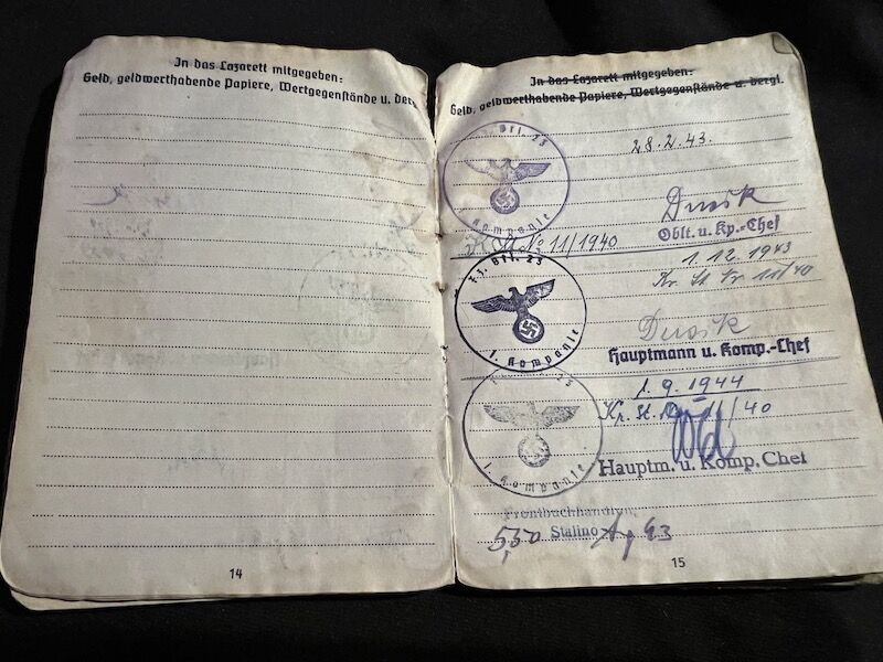 WWII German Soldbuch - Oberfeldwebel Rohrl - France 1944 - Died as a POW in France - Depot 183 - St.Medard-en-Jalles (Gironde) - 11th Panzer Division - Feldzeug Batl 23 - Buried in Berneuil - Iron Cross - Image 15