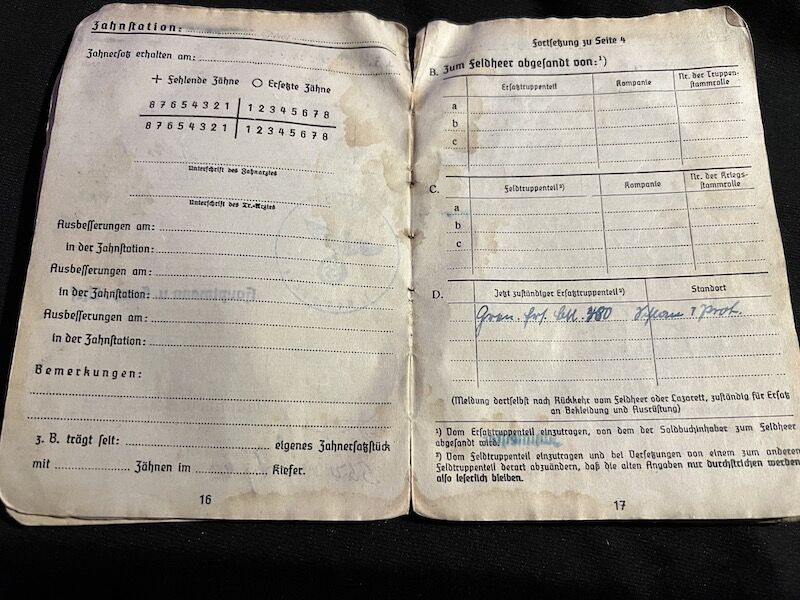 WWII German Soldbuch - Oberfeldwebel Rohrl - France 1944 - Died as a POW in France - Depot 183 - St.Medard-en-Jalles (Gironde) - 11th Panzer Division - Feldzeug Batl 23 - Buried in Berneuil - Iron Cross - Image 16