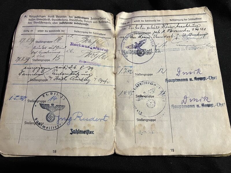 WWII German Soldbuch - Oberfeldwebel Rohrl - France 1944 - Died as a POW in France - Depot 183 - St.Medard-en-Jalles (Gironde) - 11th Panzer Division - Feldzeug Batl 23 - Buried in Berneuil - Iron Cross - Image 17