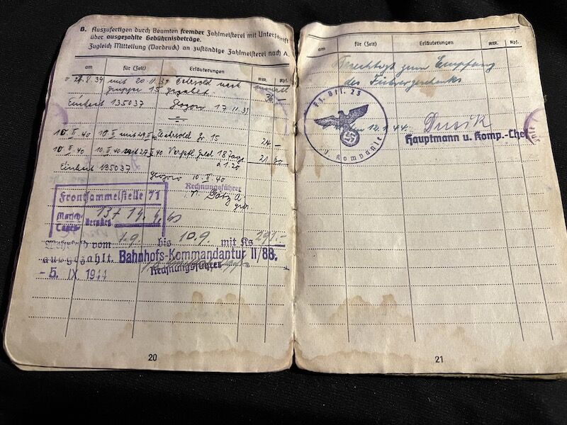 WWII German Soldbuch - Oberfeldwebel Rohrl - France 1944 - Died as a POW in France - Depot 183 - St.Medard-en-Jalles (Gironde) - 11th Panzer Division - Feldzeug Batl 23 - Buried in Berneuil - Iron Cross - Image 18