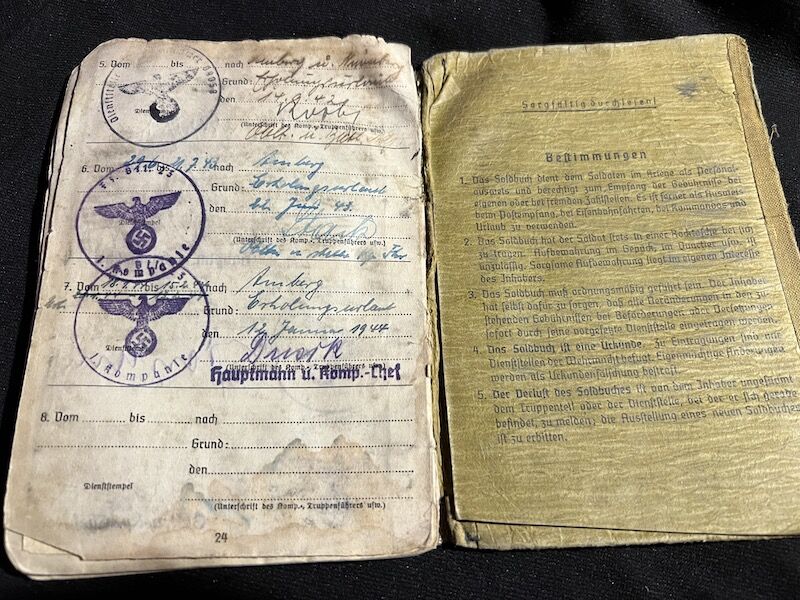 WWII German Soldbuch - Oberfeldwebel Rohrl - France 1944 - Died as a POW in France - Depot 183 - St.Medard-en-Jalles (Gironde) - 11th Panzer Division - Feldzeug Batl 23 - Buried in Berneuil - Iron Cross - Image 21