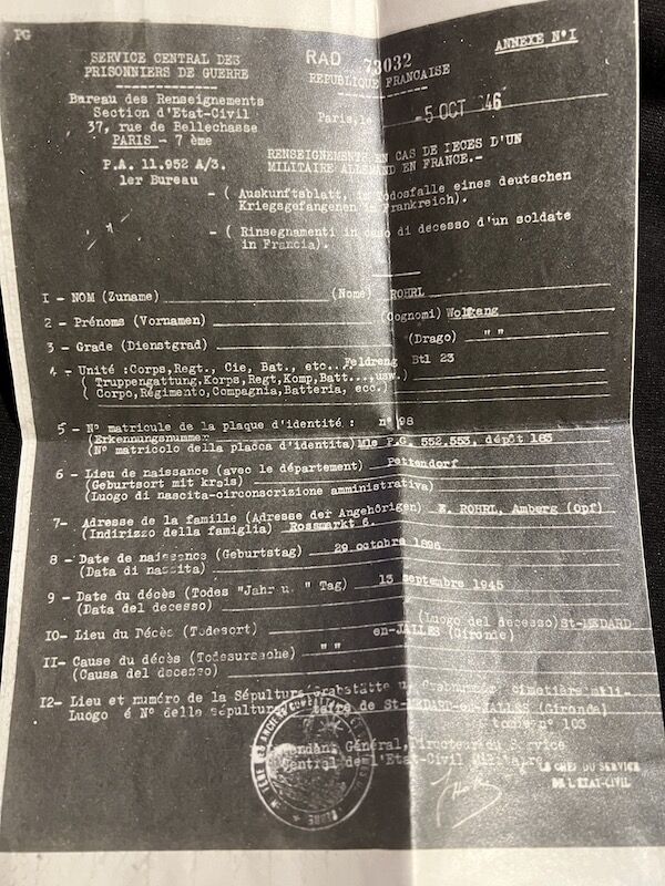 WWII German Soldbuch - Oberfeldwebel Rohrl - France 1944 - Died as a POW in France - Depot 183 - St.Medard-en-Jalles (Gironde) - 11th Panzer Division - Feldzeug Batl 23 - Buried in Berneuil - Iron Cross - Image 24