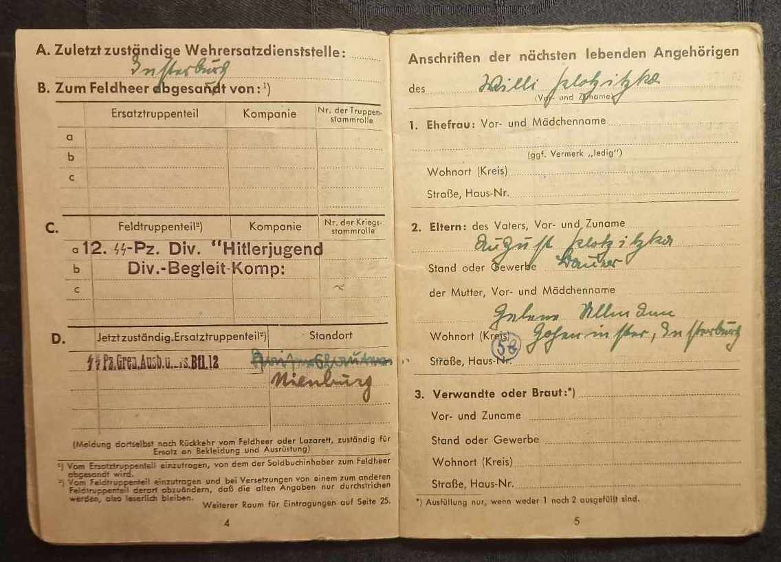 WWII German Waffen SS Soldbuch - Panzer Grenadier Willi Plotzitzka - Normandy & Ardennes - Divisions-Begleit-Kompanie - 12.SS-Panzerdivision “Hitlerjugend” - MP44 - KIA at 17 in Bastogne 1945 - Ultra Rare (Sold) - Image 5