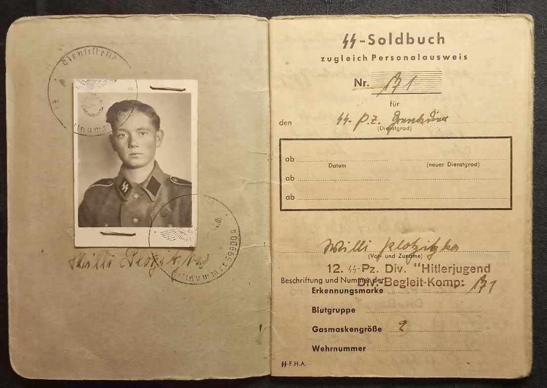 WWII German Waffen SS Soldbuch - Panzer Grenadier Willi Plotzitzka - Normandy & Ardennes - Divisions-Begleit-Kompanie - 12.SS-Panzerdivision “Hitlerjugend” - MP44 - KIA at 17 in Bastogne 1945 - Ultra Rare (Sold) - Image 3