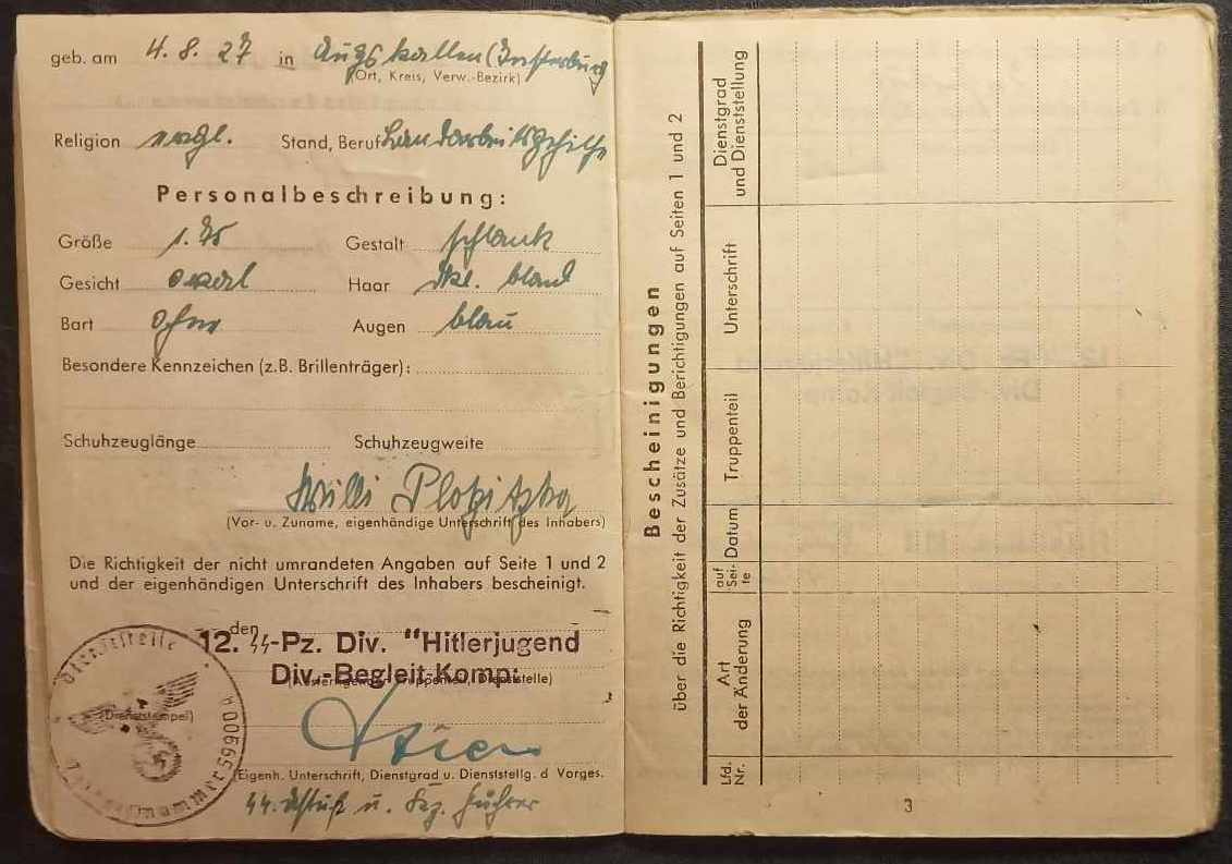 WWII German Waffen SS Soldbuch - Panzer Grenadier Willi Plotzitzka - Normandy & Ardennes - Divisions-Begleit-Kompanie - 12.SS-Panzerdivision “Hitlerjugend” - MP44 - KIA at 17 in Bastogne 1945 - Ultra Rare (Sold) - Image 4