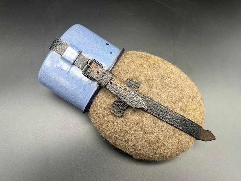WWII German Army Water Bottle and Cup - BLUE - Oskar Schindler’s company, « Deutsche Emailwarenfabrik » Rare (Sold)