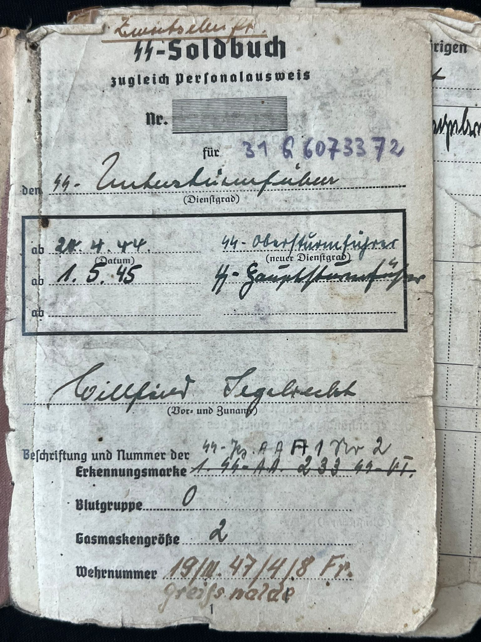 WWII German Waffen SS Soldbuch - SS-Hauptsturmführer Willfried Segebrecht - Commander 1st Company - SS-Panzer-Aufklärungsabteilung 16 RFSS - War Criminal - Worst Massacre of Civilians by the Waffen SS on the Western Front - Italy - Vinca - Monte Sole - Bardine - Valla - Exceptionally Rare Historical Evidence ( SOLD ) - Image 4