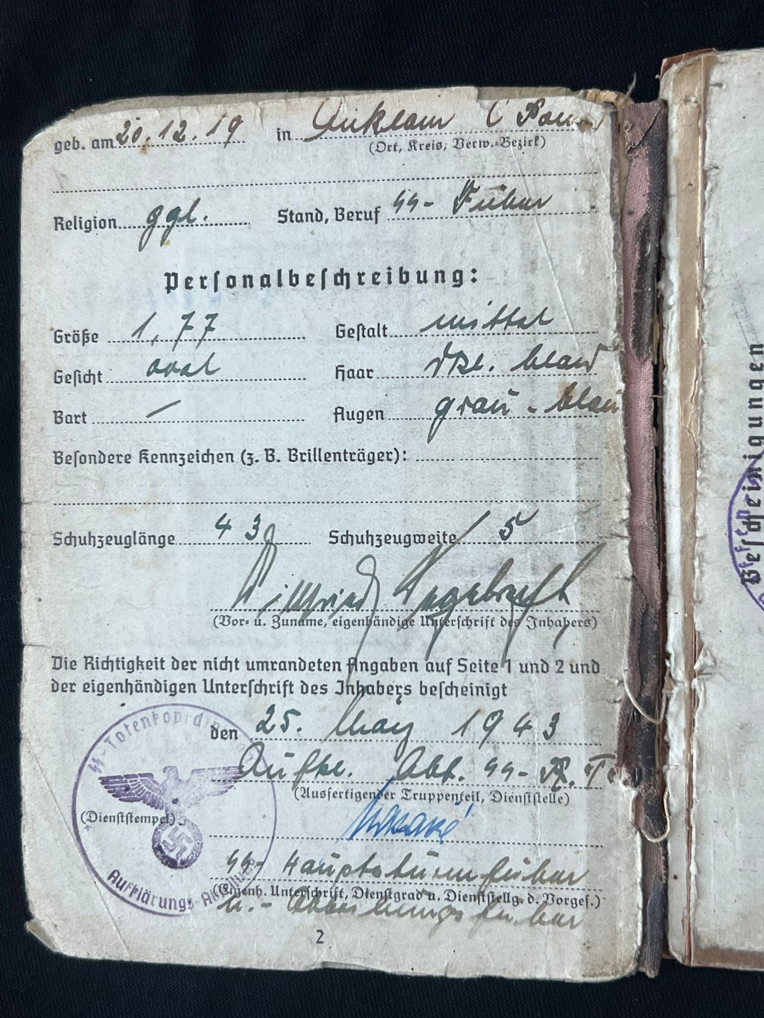 WWII German Waffen SS Soldbuch - SS-Hauptsturmführer Willfried Segebrecht - Commander 1st Company - SS-Panzer-Aufklärungsabteilung 16 RFSS - War Criminal - Worst Massacre of Civilians by the Waffen SS on the Western Front - Italy - Vinca - Monte Sole - Bardine - Valla - Exceptionally Rare Historical Evidence ( SOLD ) - Image 5