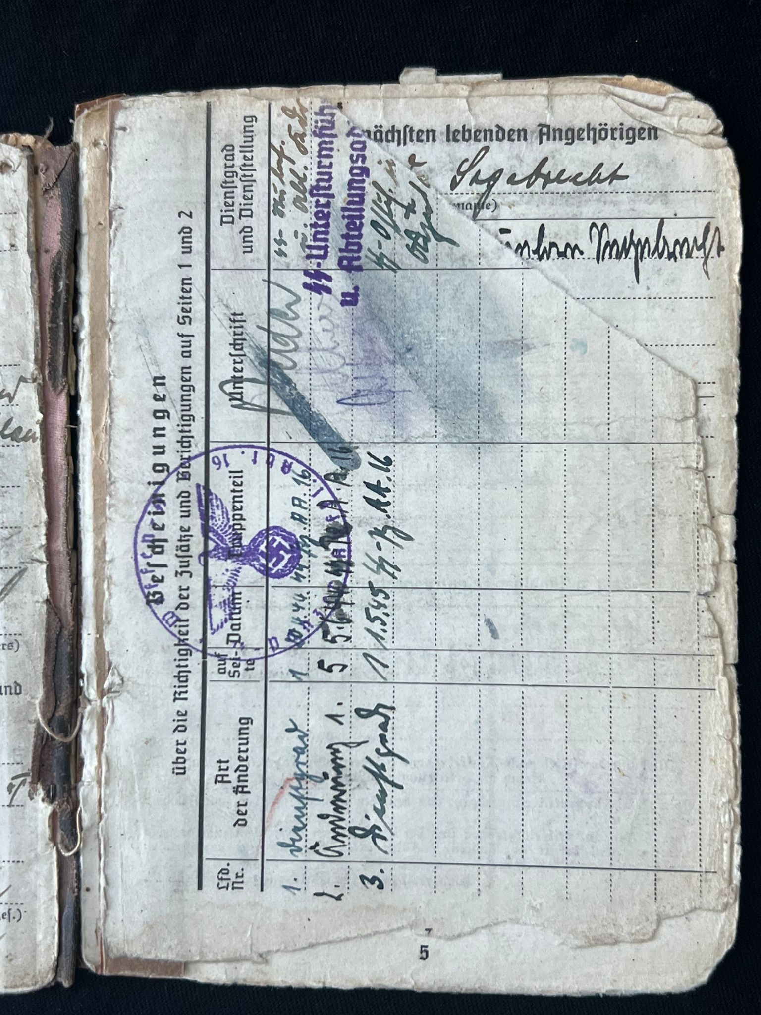 WWII German Waffen SS Soldbuch - SS-Hauptsturmführer Willfried Segebrecht - Commander 1st Company - SS-Panzer-Aufklärungsabteilung 16 RFSS - War Criminal - Worst Massacre of Civilians by the Waffen SS on the Western Front - Italy - Vinca - Monte Sole - Bardine - Valla - Exceptionally Rare Historical Evidence ( SOLD ) - Image 6