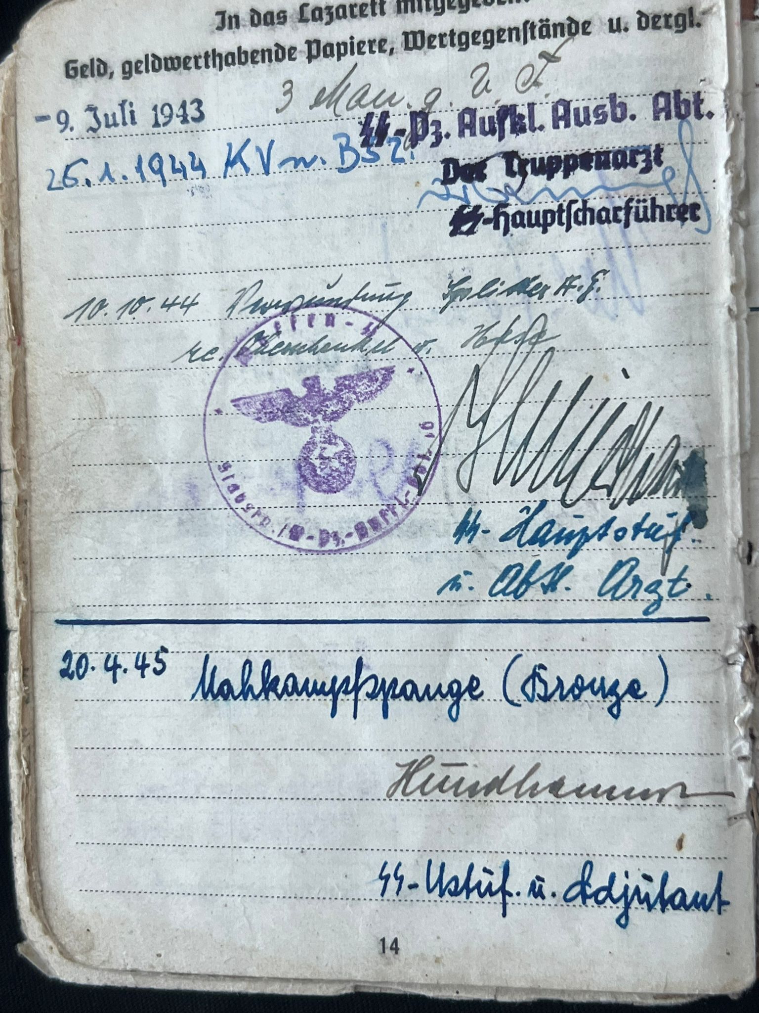 WWII German Waffen SS Soldbuch - SS-Hauptsturmführer Willfried Segebrecht - Commander 1st Company - SS-Panzer-Aufklärungsabteilung 16 RFSS - War Criminal - Worst Massacre of Civilians by the Waffen SS on the Western Front - Italy - Vinca - Monte Sole - Bardine - Valla - Exceptionally Rare Historical Evidence ( SOLD ) - Image 15