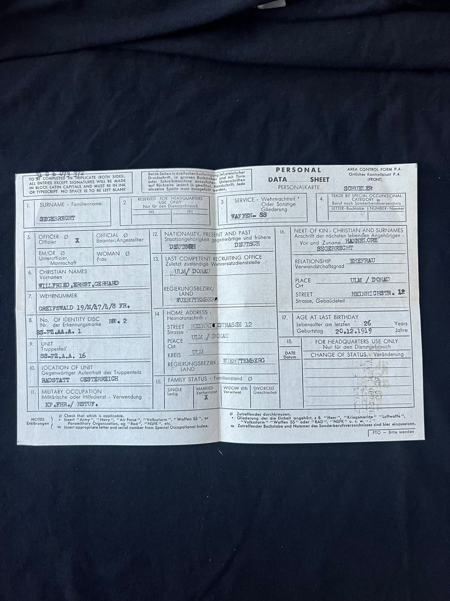 WWII German Waffen SS Soldbuch - SS-Hauptsturmführer Willfried Segebrecht - Commander 1st Company - SS-Panzer-Aufklärungsabteilung 16 RFSS - War Criminal - Worst Massacre of Civilians by the Waffen SS on the Western Front - Italy - Vinca - Monte Sole - Bardine - Valla - Exceptionally Rare Historical Evidence ( SOLD ) - Image 25