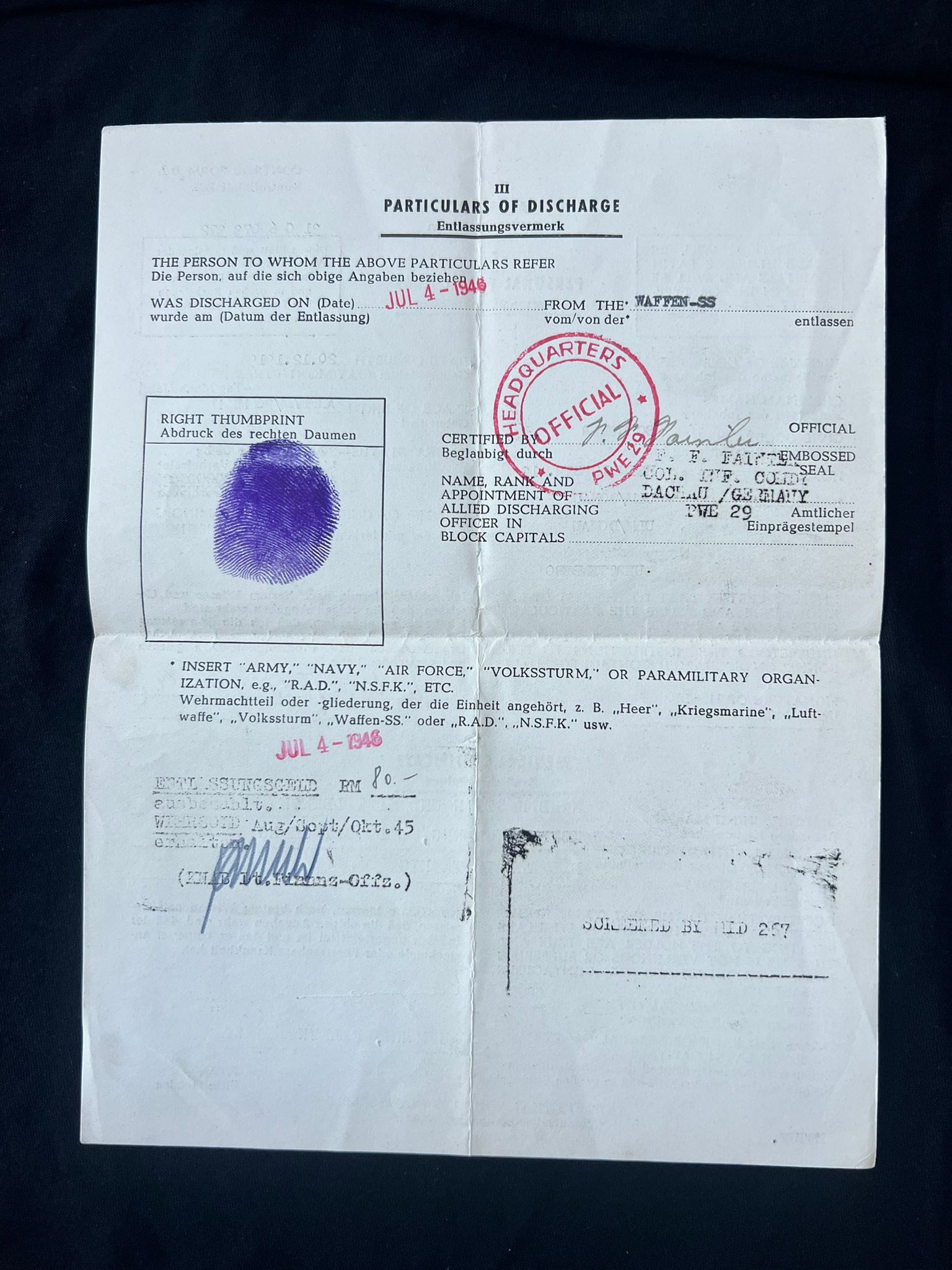 WWII German Waffen SS Soldbuch - SS-Hauptsturmführer Willfried Segebrecht - Commander 1st Company - SS-Panzer-Aufklärungsabteilung 16 RFSS - War Criminal - Worst Massacre of Civilians by the Waffen SS on the Western Front - Italy - Vinca - Monte Sole - Bardine - Valla - Exceptionally Rare Historical Evidence ( SOLD ) - Image 27