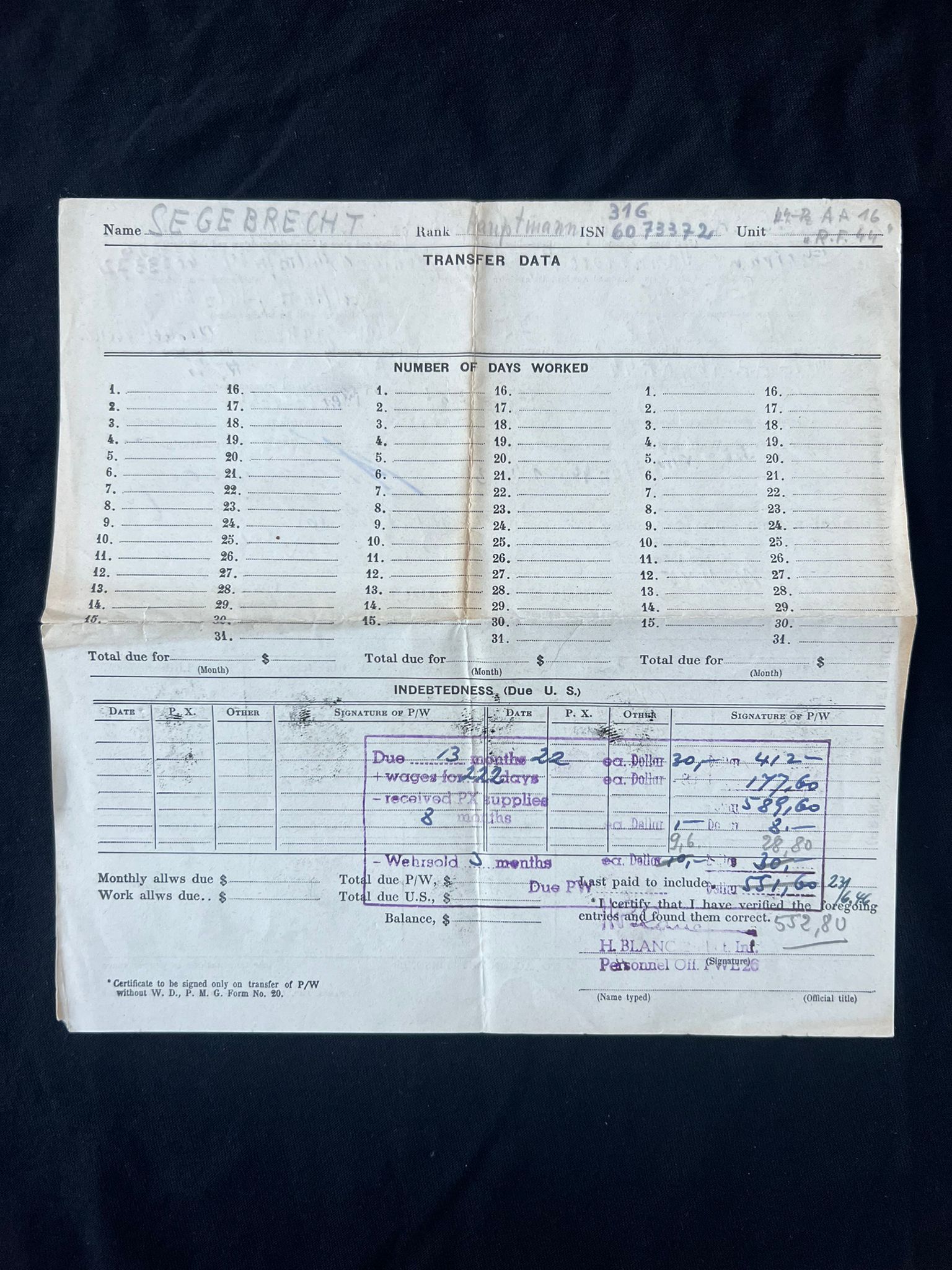 WWII German Waffen SS Soldbuch - SS-Hauptsturmführer Willfried Segebrecht - Commander 1st Company - SS-Panzer-Aufklärungsabteilung 16 RFSS - War Criminal - Worst Massacre of Civilians by the Waffen SS on the Western Front - Italy - Vinca - Monte Sole - Bardine - Valla - Exceptionally Rare Historical Evidence ( SOLD ) - Image 28