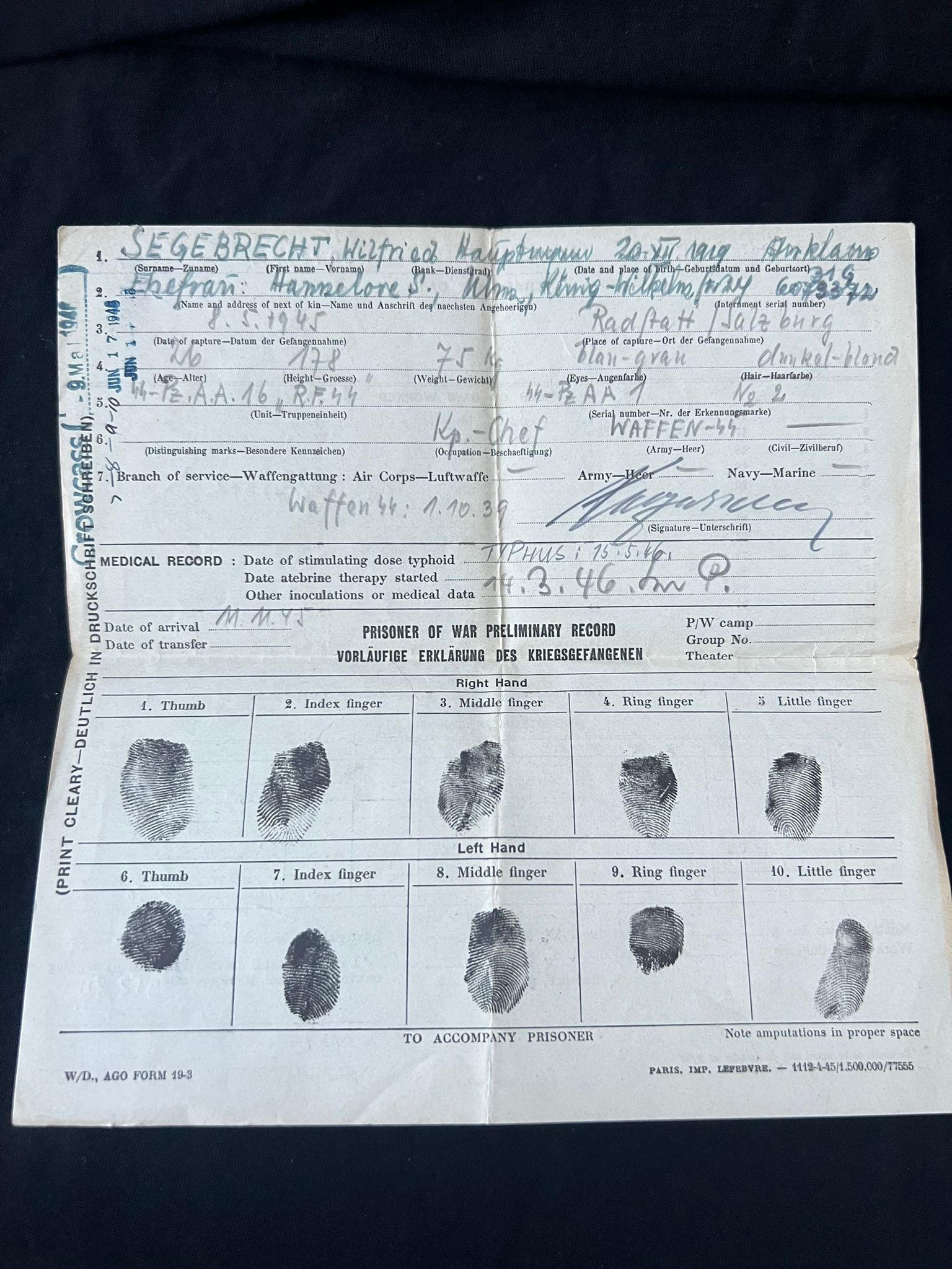 WWII German Waffen SS Soldbuch - SS-Hauptsturmführer Willfried Segebrecht - Commander 1st Company - SS-Panzer-Aufklärungsabteilung 16 RFSS - War Criminal - Worst Massacre of Civilians by the Waffen SS on the Western Front - Italy - Vinca - Monte Sole - Bardine - Valla - Exceptionally Rare Historical Evidence ( SOLD ) - Image 29