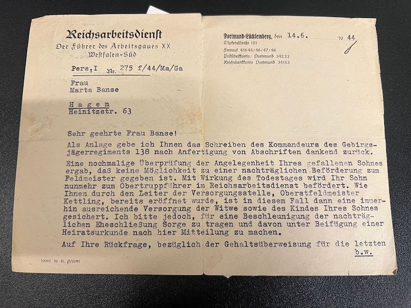 WWII German Wehrmacht Wehrpass - Hitler Youth Leaders Identity Papers - Golden HJ Badge - Leutnant Otto Banse - Gebirgsjäger Regiment 138 - Killed in Action - Image 31