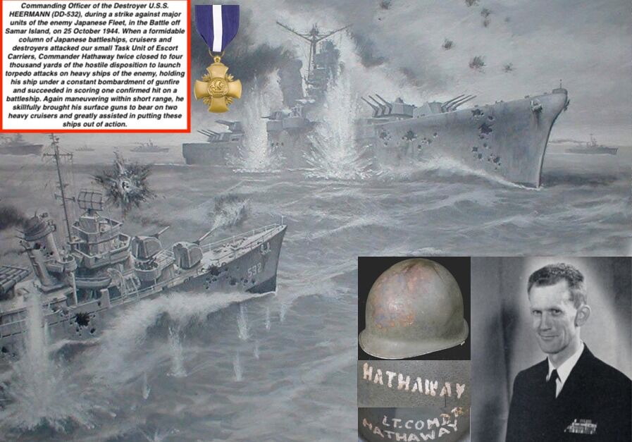 WWII US Navy M1 Helmet - Navy Cross Lt Commander Amos Hathaway - Taffy 3 - Destroyer U.S.S. HEERMANN (DD-532) - Battle off Samar Island 1944 - Very Rare
