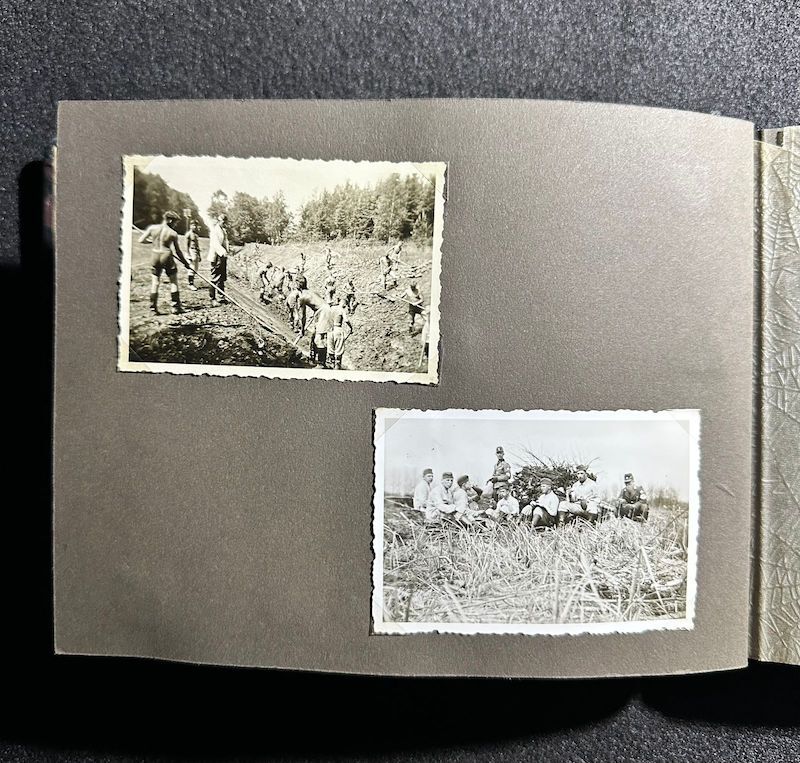 WWII German R.A.D Photo Album - Abteilung 2/20 Rosenberg West Prussia - Ship Robert Ley - Bismarck - Artillerie Regiment 23 Potsdam-Nedlitz - Anti Aircraft Mg34 - Captured Helmets - STUG III - Russian Front - Image 19