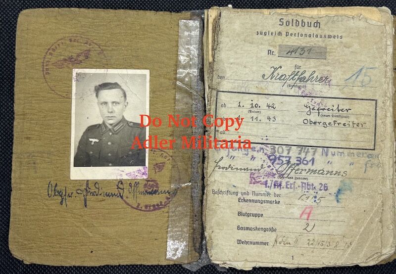 WWII German Army Soldbuch - Obergefreiter Ferdinand Offermanns - Panzer Aufklärungs Abteilung 116 "Windhund/Greyhound Division” - Sdkfz 234 Puma - Panzer Recon - Battle of the Bulge - Battle of the Hürtgen Forest - Ruhr Pocket - Captured by US Troops in 1945 - Rare