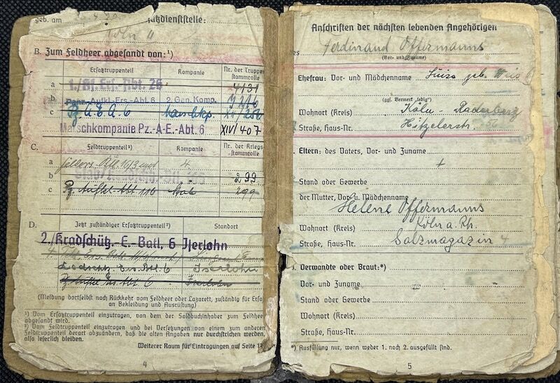 WWII German Army Soldbuch - Obergefreiter Ferdinand Offermanns - Panzer Aufklärungs Abteilung 116 "Windhund/Greyhound Division” - Sdkfz 234 Puma - Panzer Recon - Battle of the Bulge - Battle of the Hürtgen Forest - Ruhr Pocket - Captured by US Troops in 1945 - Rare - Image 6