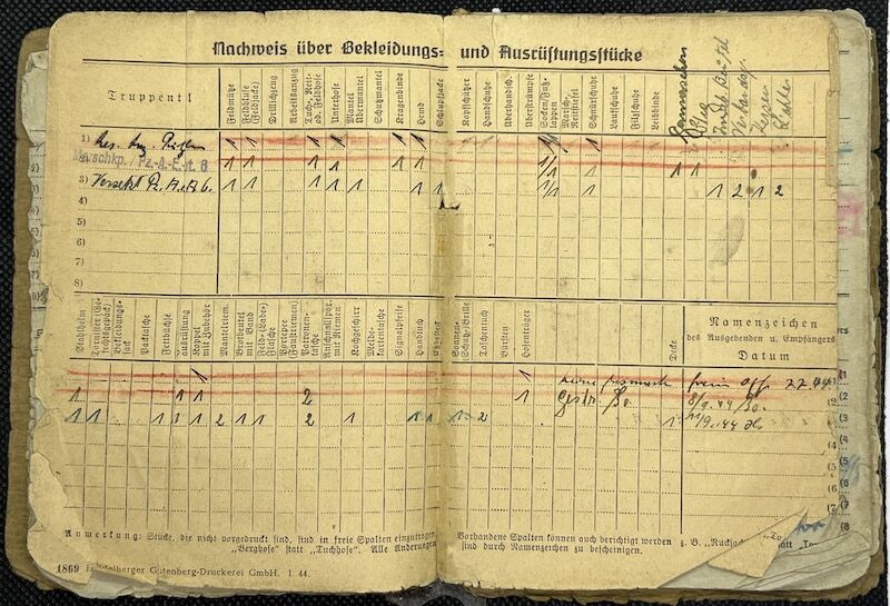 WWII German Army Soldbuch - Obergefreiter Ferdinand Offermanns - Panzer Aufklärungs Abteilung 116 "Windhund/Greyhound Division” - Sdkfz 234 Puma - Panzer Recon - Battle of the Bulge - Battle of the Hürtgen Forest - Ruhr Pocket - Captured by US Troops in 1945 - Rare - Image 8