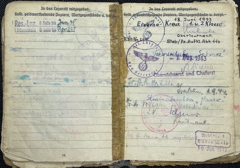 WWII German Army Soldbuch - Obergefreiter Ferdinand Offermanns - Panzer Aufklärungs Abteilung 116 "Windhund/Greyhound Division” - Sdkfz 234 Puma - Panzer Recon - Battle of the Bulge - Battle of the Hürtgen Forest - Ruhr Pocket - Captured by US Troops in 1945 - Rare - Image 15