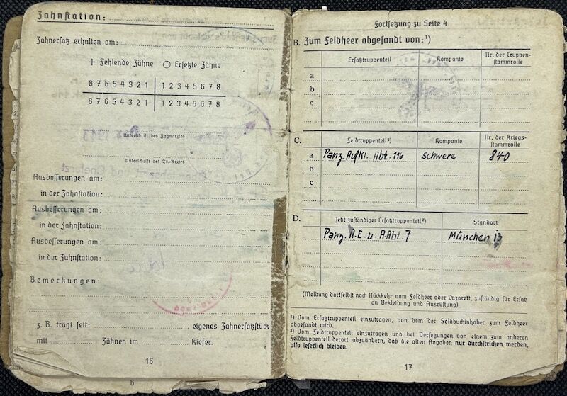 WWII German Army Soldbuch - Obergefreiter Ferdinand Offermanns - Panzer Aufklärungs Abteilung 116 "Windhund/Greyhound Division” - Sdkfz 234 Puma - Panzer Recon - Battle of the Bulge - Battle of the Hürtgen Forest - Ruhr Pocket - Captured by US Troops in 1945 - Rare - Image 16