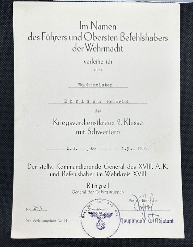 WWII German Army Wehrmacht Soldbuch Set - Wachtmeister Ehrlich - Italy & Slovenia - Gebirgsjäger Artillerie Regiment 1088 - Division 188 - Partisan Action - Hidden Award - Image 2
