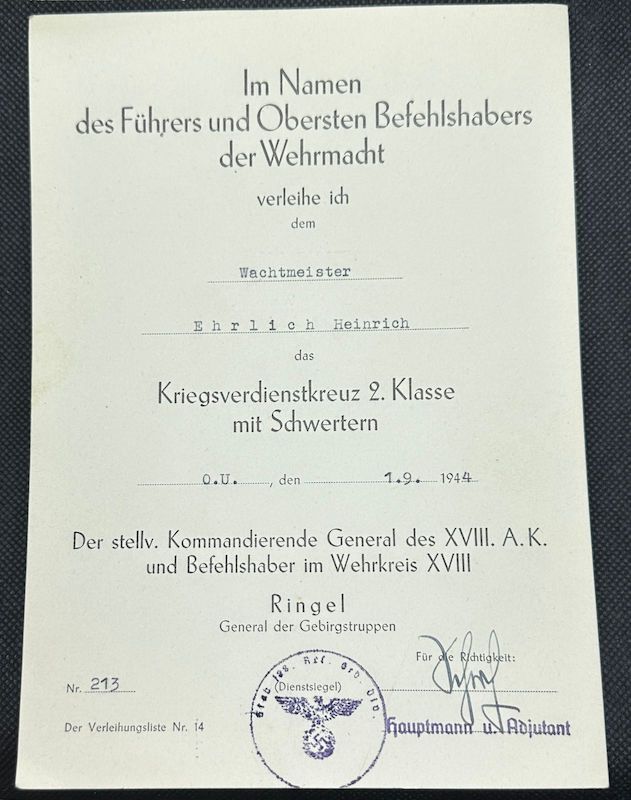WWII German Army Wehrmacht Soldbuch Set - Wachtmeister Ehrlich - Italy & Slovenia - Gebirgsjäger Artillerie Regiment 1088 - Division 188 - Partisan Action - Hidden Award - Image 3